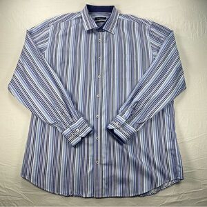 Bugatchi Men’s Long Sleeve Dress Shirt Blue Striped 100% Cotton Size XXL